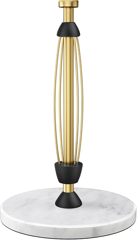 Marble Paper Towel Holder Countertop, Gold, Stainless Steel, One-Handed Tear, Freestanding Paper Towel Stand Rack with Ratchet Mechanism for Kitchen Toilet Bathroom Essentials Decor Accessories