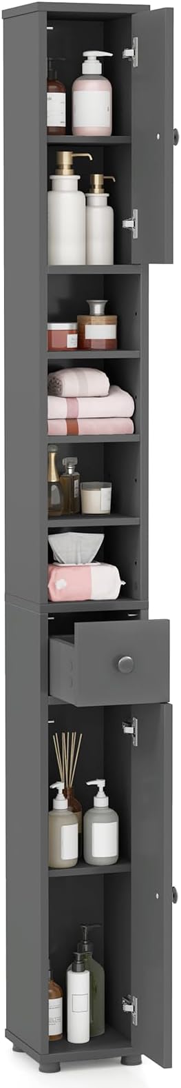 LDAILY Slim Bathroom Storage Cabinet, Tall Freestanding Floor Cabinet w/ 1 Drawer, 2 Doors, 5 Adjustable Shelves & Anti-Tipping Device, Wooden Narrow Bathroom Cabinet for Office, Kitchen, Small Space