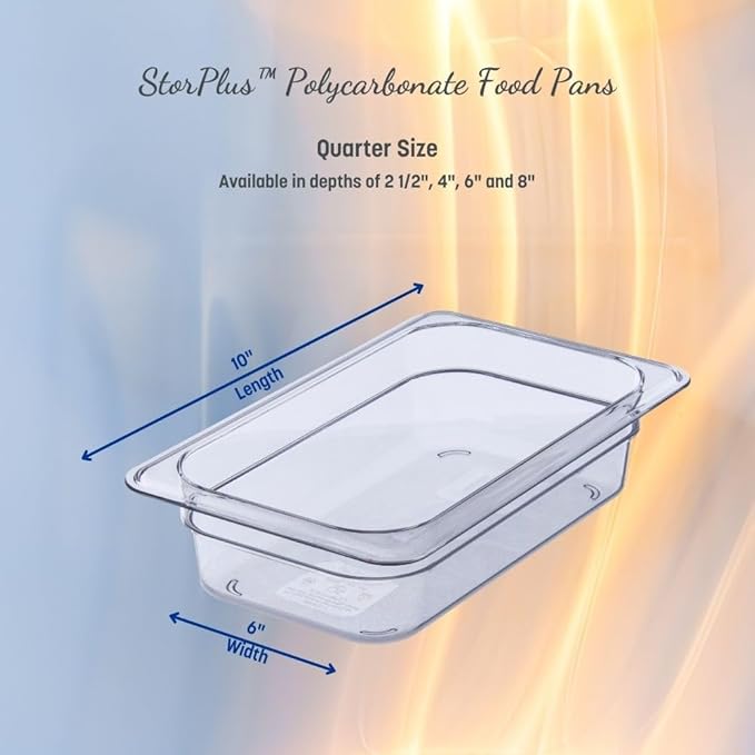 Carlisle FoodService Products Storplus Food Storage Container Food Pan, Chafing Pan for Catering, Buffets, Restaurants, Polycarbonate (Pc), 1/4 Size 2.5 Inches Deep, Clear, (Pack of 6)