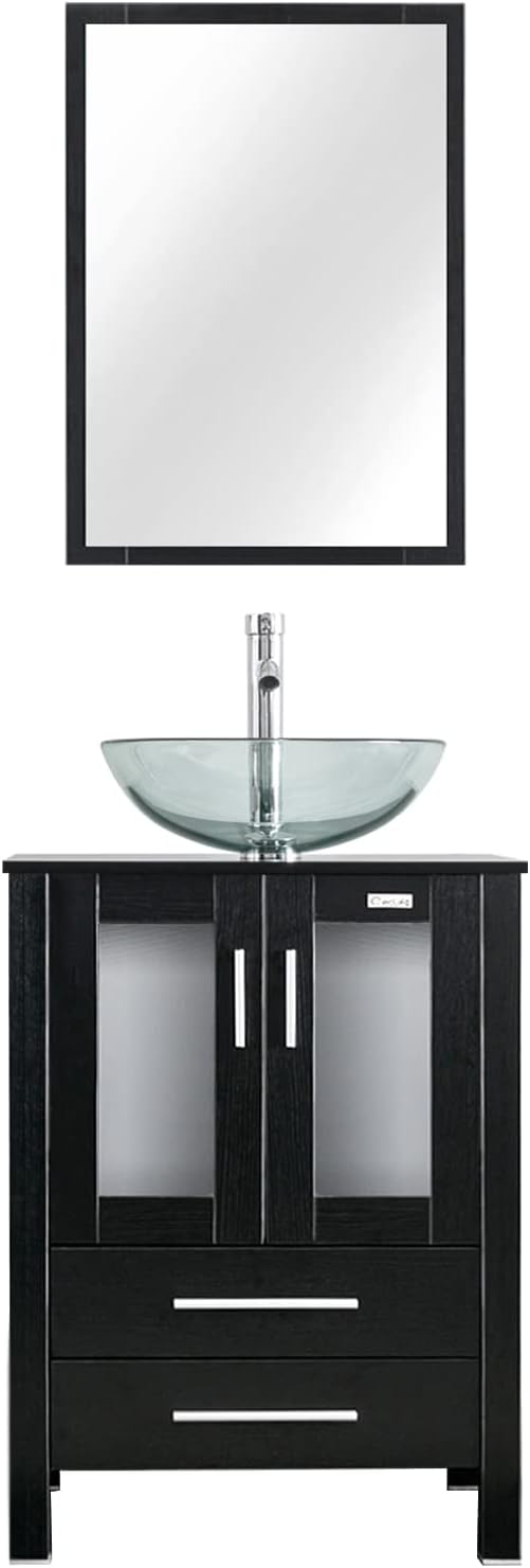 eclife 24" Modern Bathroom Vanity Sink Combo Freestanding Cabinet with Soft Closing Door, Clear Round Glass Vessel Sink, Water Save Faucet, Drain (Black+A16)