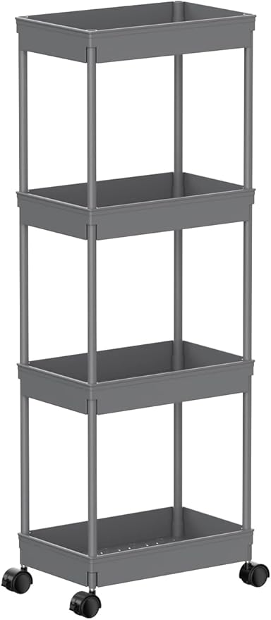 Sooyee 4 Tier Wide Storage Cart Mobile Shelving Unit Organizer Slide Out Storage Rolling Utility Cart Tower Rack for Kitchen Bathroom Laundry, Plastic & Stainless Steel,Grey