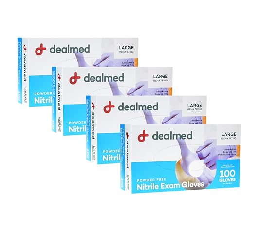 Dealmed Nitrile Exam Gloves – 100 Count Large (Pack of 4) Disposable, Non-Irritating, Latex Free, Multi-Purpose for First Aid Kit, Medical Facilities & More