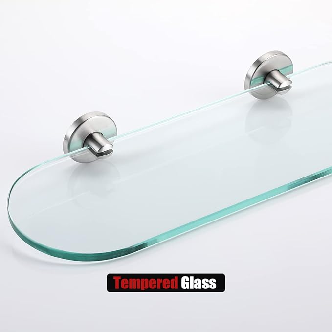 JQK Bathroom Glass Shelf, Floating Tempered Glass Shower Storage 12 by 5 inches, 304 Stainless Steel Brushed Finish Wall Mount 2 Pack, TGS121L12-BN-P2
