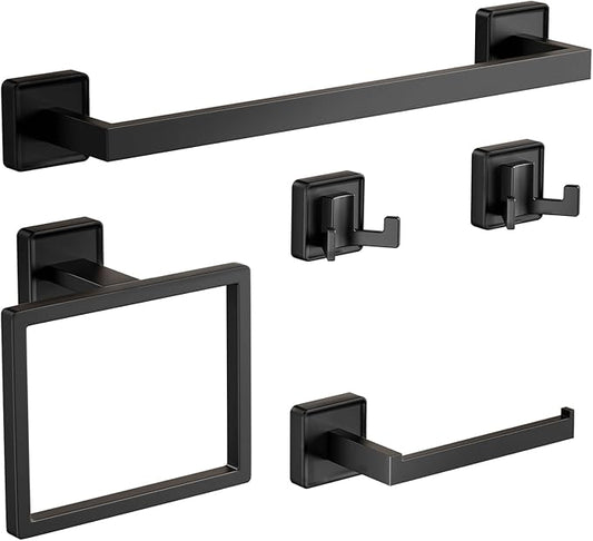 Towel bar Set, 5-Piece Bathroom Hardware Set, 5-Piece Bathroom Accessories Set, Stainless Steel Towel bar Set, 16-inch Towel Rack Set, Matte Black, Wall-Mounted Bathroom Towel Rack