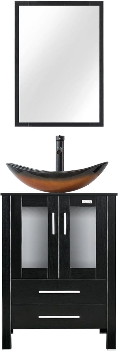 eclife 24" Modern Bathroom Vanity Sink Combo Freestanding Cabinet with Soft Closing Door, Brown Boat Glass Vessel Sink, Water Save Faucet, Drain (Black+A29BR)