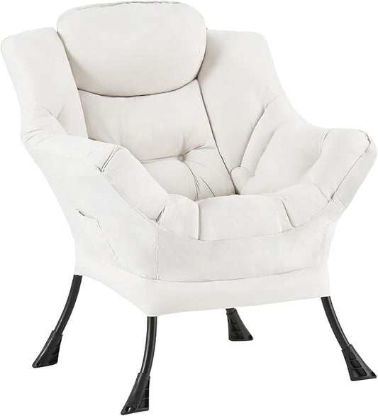 Welnow Lazy Chair for Living Room, Modern Reading Lounge Accent Chair with Armrests and a Side Pocket, Leisure Upholstered Lazy Sofa for Small Space, Bedroom, Dorm, Beige
