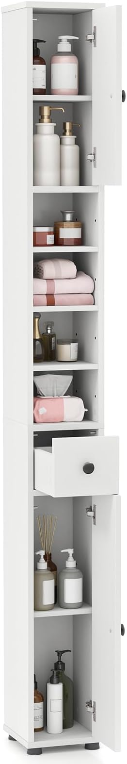 LDAILY 71”Tall Narrow Storage Cabinet, Skinny Bathroom Storage with 1 Drawer, 2 Doors, 5 Adjustable Shelves and Anti-Tipping Device, Wooden Slim Bathroom Cabinet for Office, Kitchen, Small Space