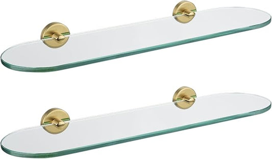 JQK Bathroom Glass Shelf, Floating Tempered Glass Shower Storage 20 by 5 inches, 304 Stainless Steel Brushed Gold Wall Mount 2 Pack 2 Pack, TGS121L20-BG-P2