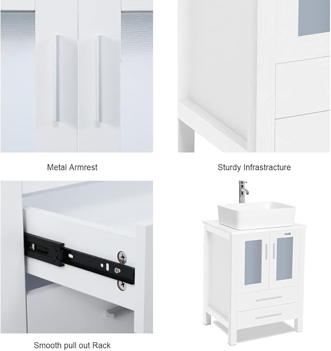 eclife 72" Modern Bathroom Vanity Sink Combo Freestanding Cabinet with Small Side Cabinet, White Rectangle Ceramic Vessel Sink, Water Save Faucet, Drain (White+T03)