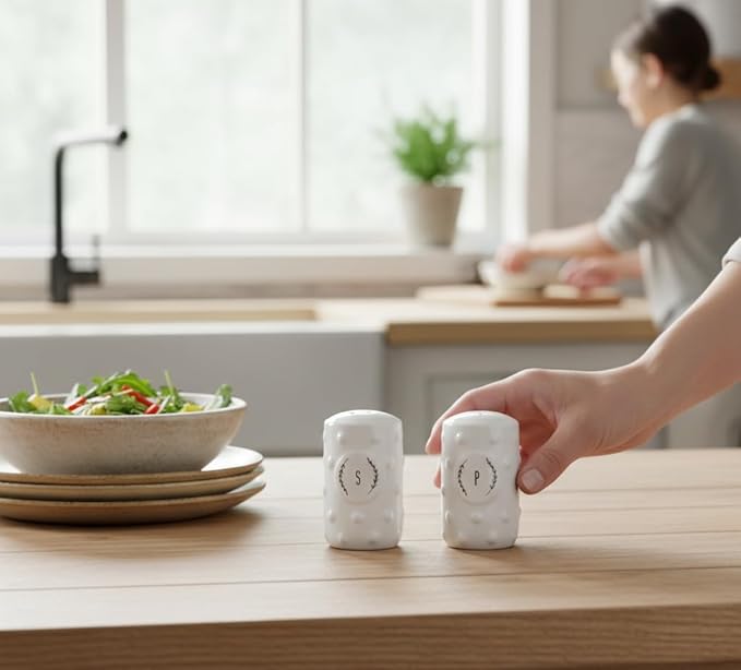 Young's Inc Cottagecore Ceramic Salt and Pepper Shaker Set, Farmhouse White Rustic, Vintage Country Kitchen Table Decor Seasoning Set, Cute Cottage Kitchen Accessories,3.5 Inch