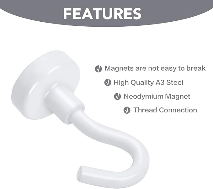 E BAVITE Strong White Magnetic Hooks Heavy Duty, Cruise Cabin Ship Essentials 30Lbs 10 Pack Rare Earth Magnets Hook for Refrigerator, Grill, Home, Kitchen, Office