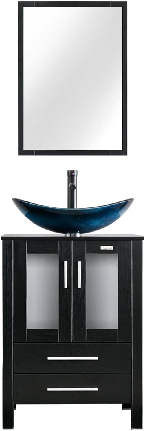 eclife 24" Modern Bathroom Vanity Sink Combo Freestanding Cabinet with Soft Closing Door, Blue Boat Glass Vessel Sink, Water Save Faucet, Drain (Black+A29BU)