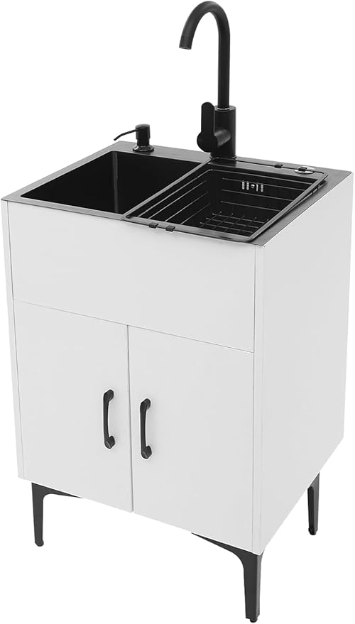 20-Inch Laundry Sink with Cabinet & 360° Swivel Hot/Cold Faucet, Freestanding Kitchen Sink Cabinet with Stainless Steel Sink & Drain Basket, White Cabinet with Sink for Laundry&Utility Room