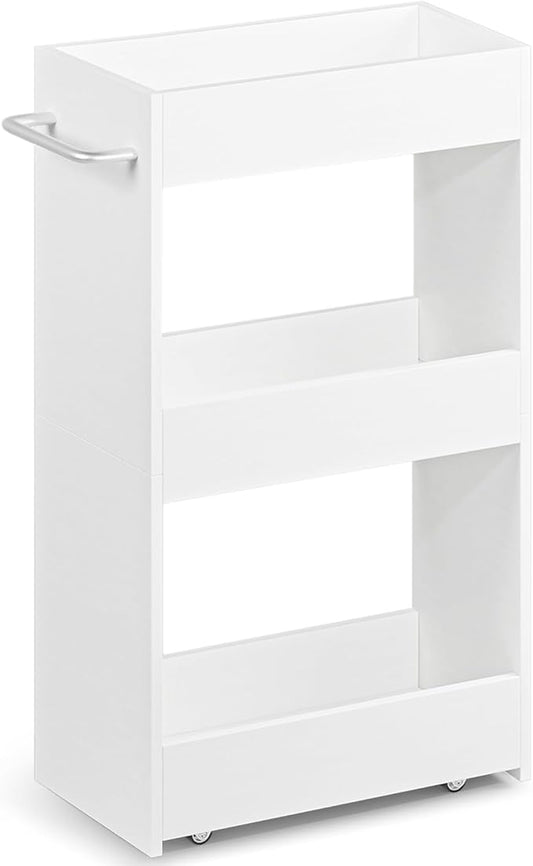 MARTY Wood Rolling Storage Cart 7.9" W, 3 Tier White Slim Utility Kitchen Cart on Wheels Laundry Room Bathroom Organizers Narrow Shelves with Handle Mobile Shelving Unit for Small Places
