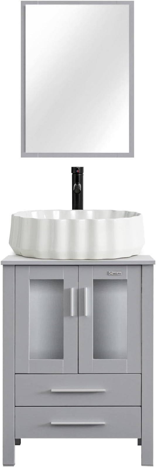 eclife 24" Modern Bathroom Vanity Sink Combo Freestanding Cabinet with Soft Closing Door, White Shell Ceramic Vessel Sink, Water Save Faucet, Drain (Gray+T54)