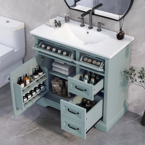 Christopher Knight Home 36" Bathroom Vanity with Ceramic Sink, Wooden Bathroom Vanity Organizer, Bathroom Storage Cabinet, Pedestal Sink Storage Cabinet, Adjustable Door Shelves+Drawer, Green Grey