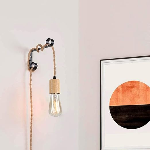 Arturesthome Wood Pendant Light Cord Kit with Dimmable Switch,16.4FT Vintage Industrial Hanging Plug in Lamp Cord with Twisted Nylon Rope Socket E26 E27 for Farmhouse Lamp Cable Retro DIY