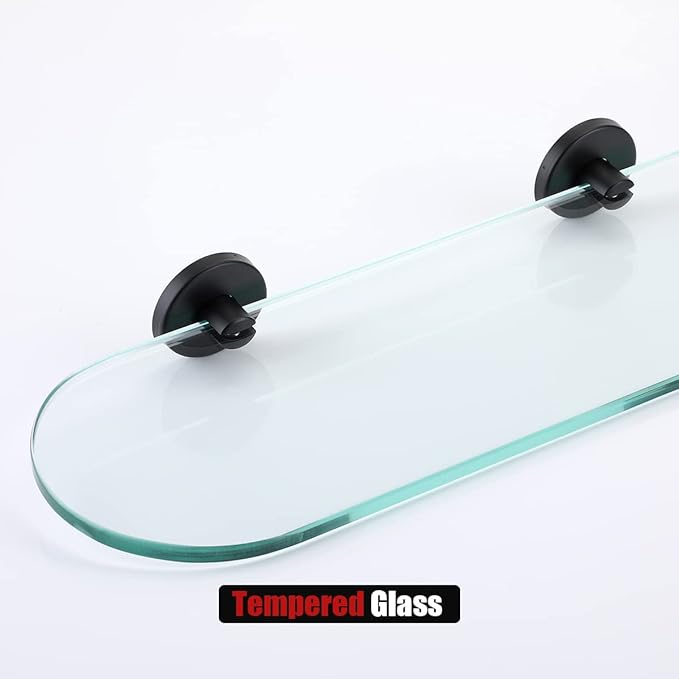 JQK Bathroom Glass Shelf Black, Tempered Glass Shower Storage 12 by 5 inches, 304 Stainless Steel Matte Black Wall Mount 2 Pack, TGS121L12-PB-P2