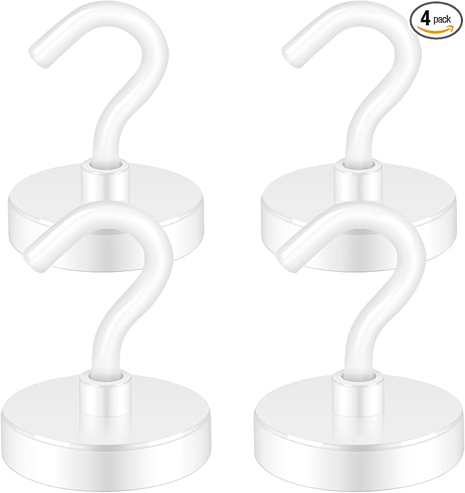 Neosmuk Magnetic Hooks Heavy Duty, Strong Magnet with Hook for Fridge, Super Neodymium Extra Strength Industrial Hooks for Hanging, Magnetic Hanger for Toolbox, Cruise, Grill(White,4 Pack)