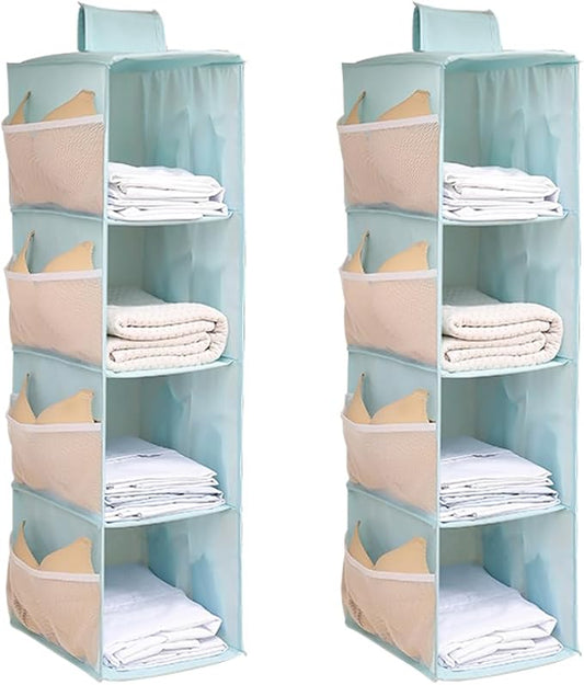 Hanging Closet Organizer, 4-Section Storage Shelves, Oxford Cloth with Mesh Pockets, (Cerulean, 4 Section)