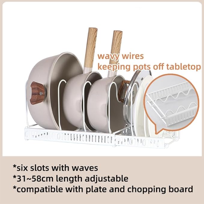 Expandable Pots and Pans Organizer Rack, Pot Lids Cutting Boards Kitchen Cabinet Organizer Holder with 7 Adjustable Compartments, Cookware Bakeware Rack for Kitchen Cabinet Countertop Storage, White
