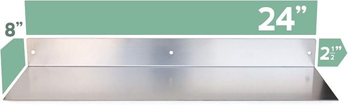 Buhbo Mitus Floating Shelf Wall Mounted (8 inch x 24 inch) Heavy Duty Industrial Modern Metal, Brushed Stainless Steel