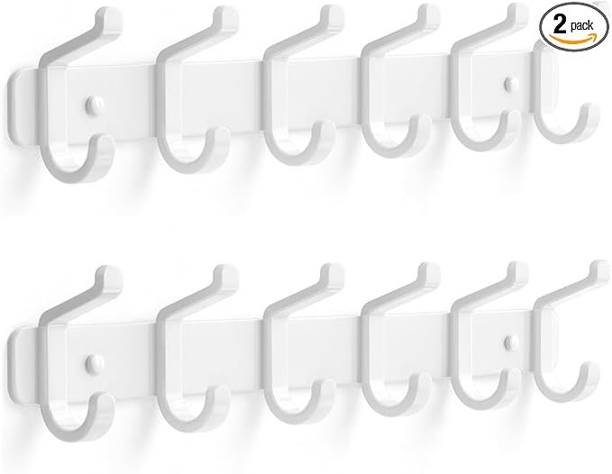 pickpiff Coat Rack Wall Mounted Heavy-Duty: Metal Coat Hanger 6 Hooks for Hanging Hat, Clothes, Robe, Keys, Backpack, Bathroom Towels, Jacket, Purse - Closet, Door, Entryway, Mudroom (White, 2 Pack)