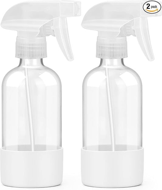 2 Pack Glass Spray Bottles 8 oz, Empty Refillable Containers with Silicone Sleeve Protection, Glass Spray Bottles for Cleaning Solutions, Hair and Plants with Adjustable Nozzles White