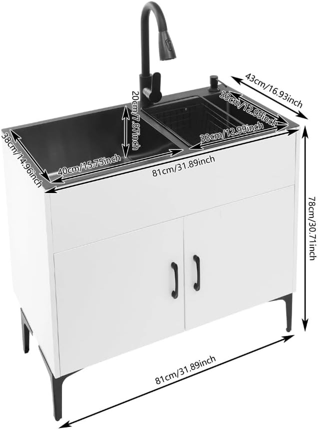32-Inch Utility Sink Cabinet with Pull-Out Sprayer Faucet, Laundry Sink with Cabinets and Stainless Steel Double Sinks, Freestanding Cabinet with Sink for Laundry&Utility Room, Kitchen, Bathroom