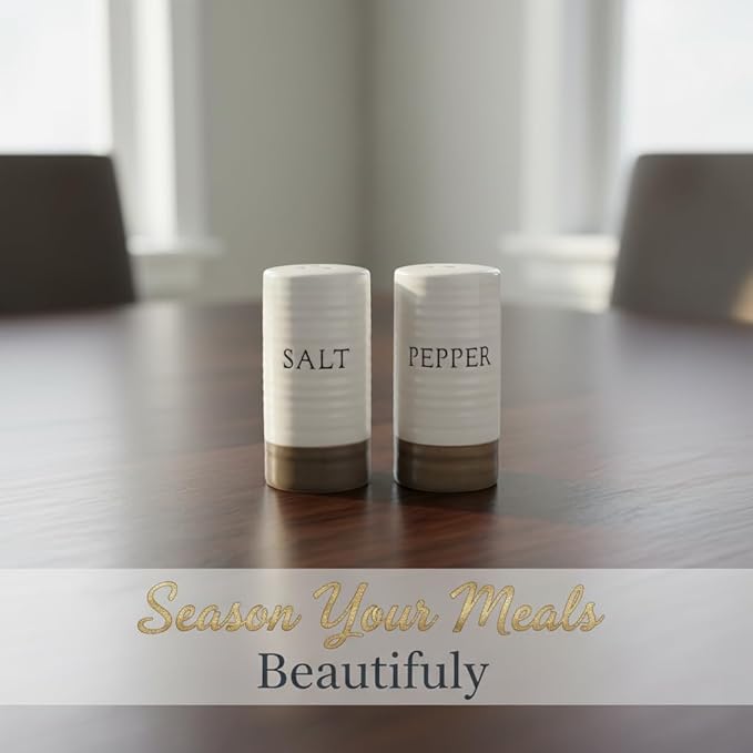 Young's Inc. Farmhouse Ceramic Salt and Pepper Shaker Set - Cute Kitchen Table Accessories and Decor, Small 3-Inch Modern White Rustic Dining Table Decor for Everyday Dining and Gift Giving
