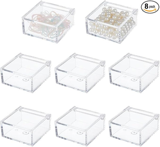 BENECREAT 8Pcs Clear Acrylic Box with Hinged Lid, 2.36x2.36x1.18 Inch Multi-Purpose Square Container Small Storage Box for Staples, Adhesive Tape, Paper Clips, Stamps, Sticky Notes