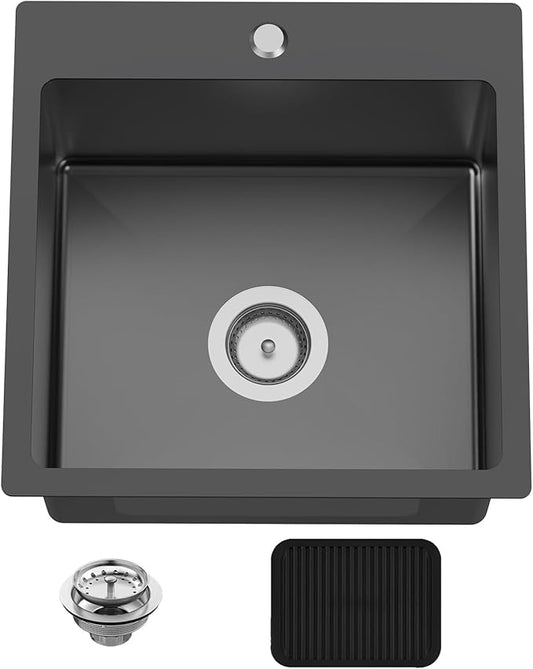 Black 18x18 In Drop In Kitchen And Bar Sink- Stainless Steel Single Bowl Kitchen Sink Modern Topmount Bar Sink With Silicon Mat,Drain Strainer Set Compatibility With Various Kitchen & Bar Style
