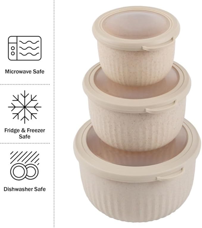 Set of 3 Bowls with Lids - Microwave, Freezer, and Fridge Safe Nesting Mixing Bowls - Eco-Conscious Kitchen Essentials by Classic Cuisine (Beige), S, M, L