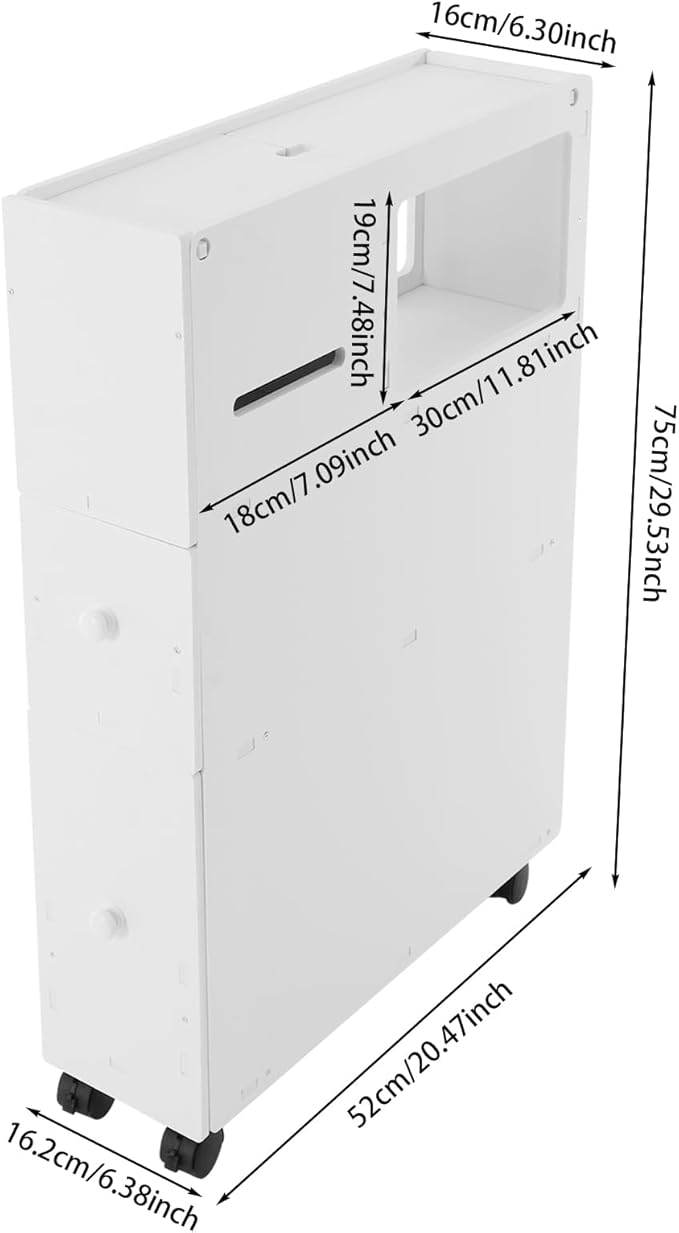 Toilet Paper Holder Stand - Narrow Floor Storage Cabinet with Drawers for Small Bathrooms - White