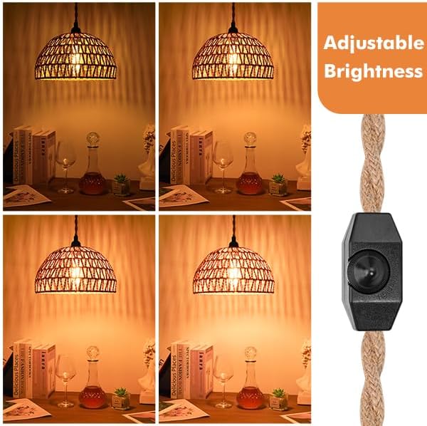 Plug in Pendant Light Rattan Hanging Lamp with 15 Ft Hemp Rope Cord, Wicker Hanging Lights with Bamboo Basket Lamp Shade,Dimmable Switch Woven Boho Plug in Ceiling Light for Living Room Bedroom