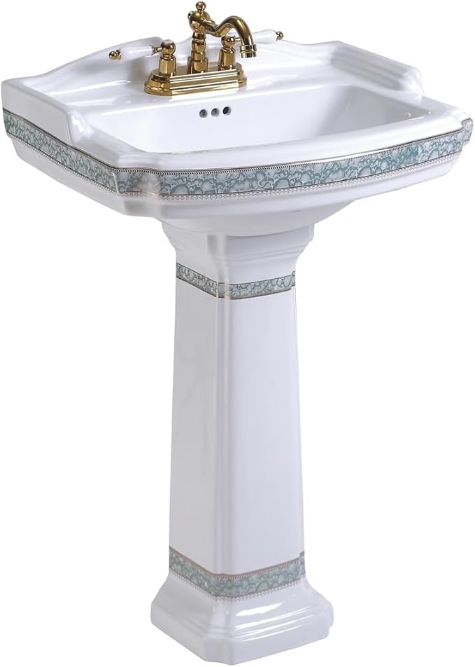 Renovators Supply Manufacturing 23" White Pedestal Bathroom Sink Heavy Duty Porcelain, Green and Gold Decorative Accents, 4" Centerset Faucet Holes, High Backsplash and Overflow
