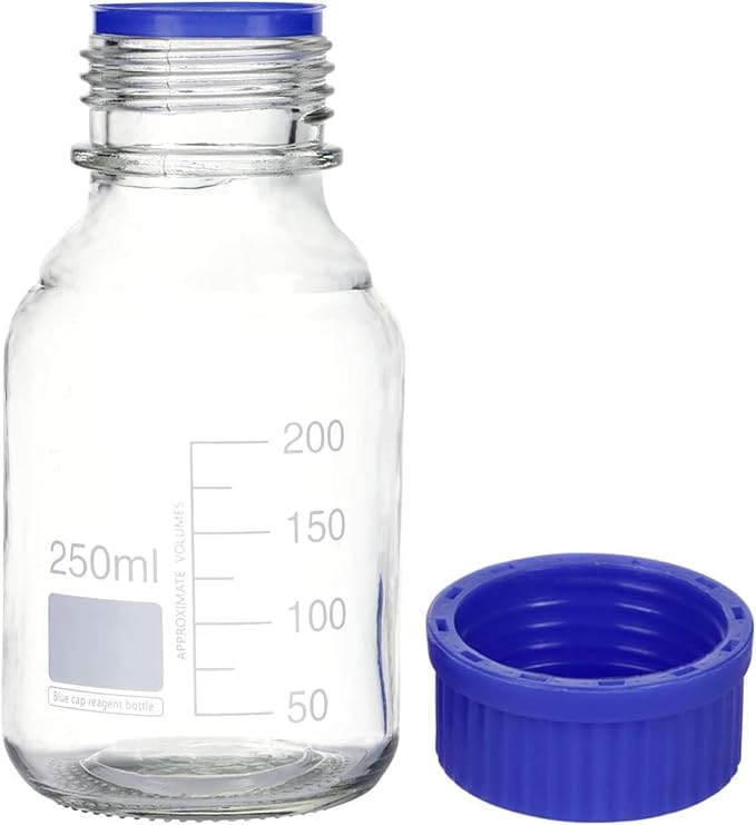 Lab Media Storage Round Bottles Graduated Glass Container GL45 Screw Cap Leakproof Multi-Purpose for Scientific — pack of 10 (Blue,250ml)