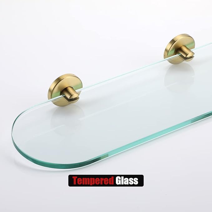 JQK Bathroom Glass Shelf Gold, Tempered Glass Shower Storage 16 by 5 inches, 304 Stainless Steel Brushed Gold Wall Mount 2 Pack, TGS121L16-BG-P2