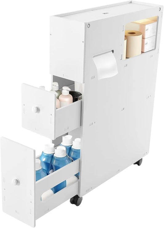 4-Tiers Small Spaces Cabinet for Bathroom, Narrow Toilet Side Organizer with Toilet Paper Slots and 2 Drawers, 4 Movable Wheels, PVC Material, BPA Free