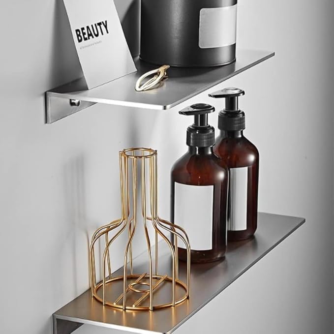 16Inch Stainless Steel Wall Mounted Floating Shelf Drilling or Shelf Adhesive Modern Room Decor Wall Shelf Floating Shelf for Bathroom Bedroom Decor