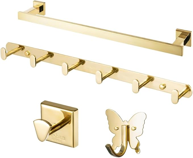 Roshan Handcrafted and Hand Polished Multi Purpose Towel Rack, SUS304 Stainless Steel Rust Proof and Peel Resistant Towel Shelf, Towel Hook, Includes 2 Handmade Hooks (4, Gold)