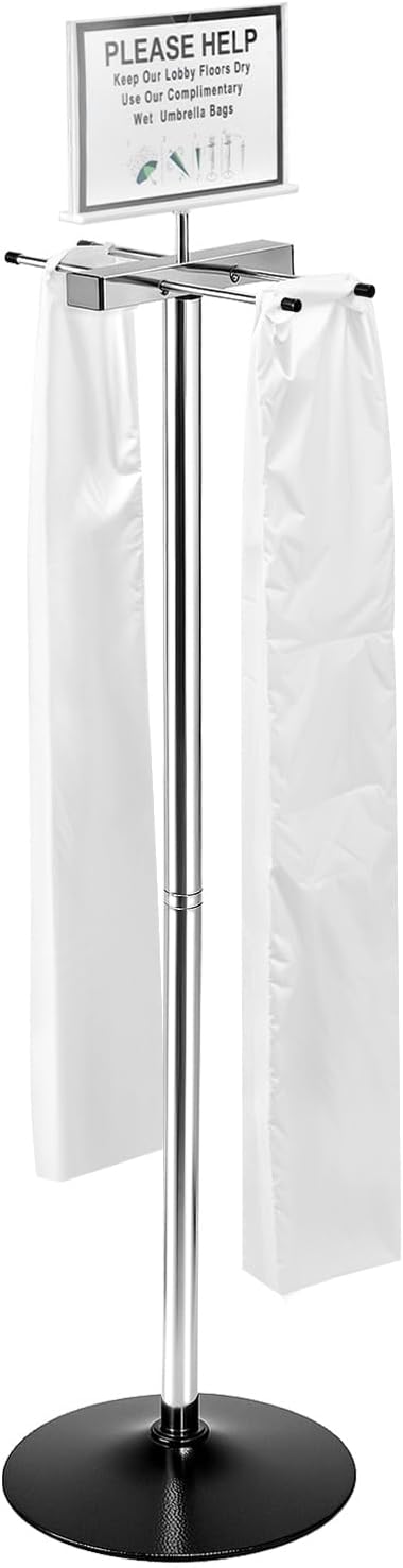Umbrella Bag Dispenser Stand, Stainless Steel Dual-Side Holder, 8x11 Sign Frame, 6 lb Freestanding Black Base, Includes 200 Long Umbrella Bags for Lobby Entryway