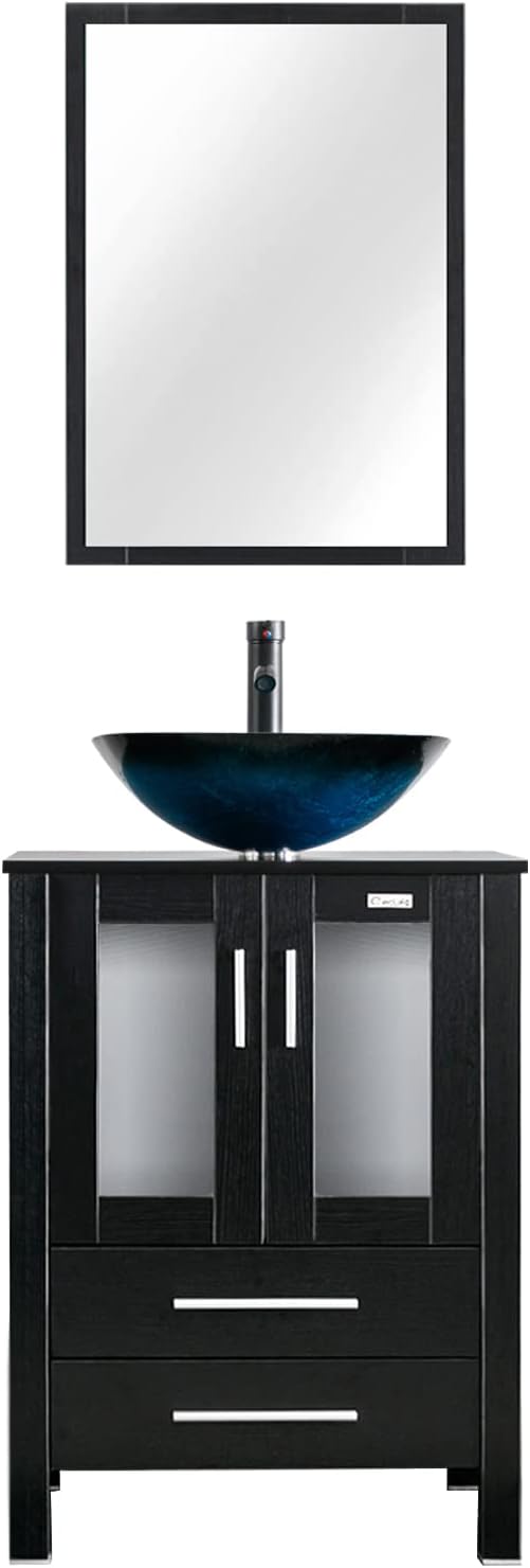 eclife 24" Modern Bathroom Vanity Sink Combo Freestanding Cabinet with Soft Closing Door, Turquoise Square Glass Vessel Sink, Water Save Faucet, Drain (Black+A10)