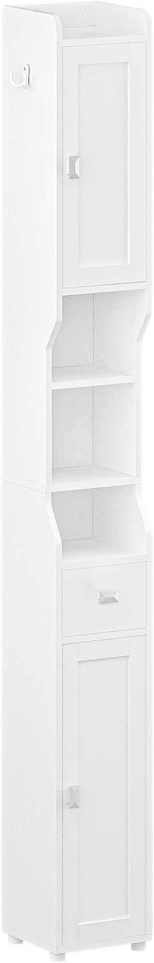 Bathroom Storage Cabinet, Narrow Tall Bathroom Cabinet, Freestanding Floor Cabinets with 2 Doors and 1 Drawer, Toilets Organizer with Adjustable Shelf, 1 Hook for Small Spaces, White