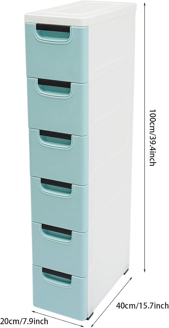 6 Drawers Plastic Storage Cabinet, Mobile Slim Utility Cart on Wheels, for Narrow Space Office Classroom Bedroom Bathroom (Blue)