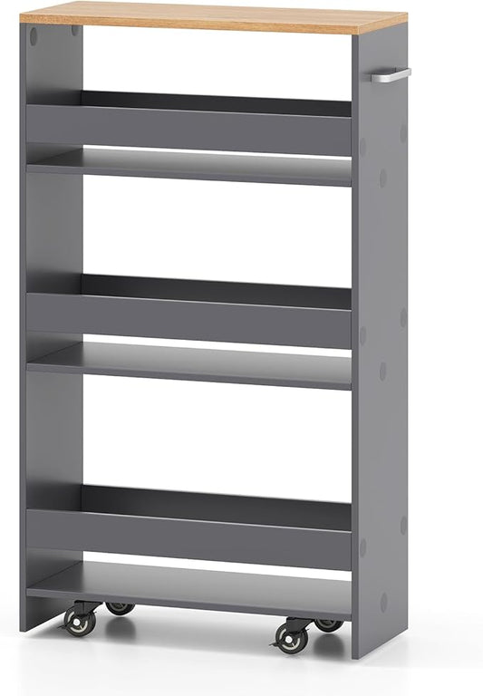 Small Kitchen Cart, 4-Tier Slim Rolling Island w/Handle, Laundry Room Storage Organizers Between Washer and Dryer, Narrow Spice Rack on Wheels Next to Fridge (Gray, 8'')