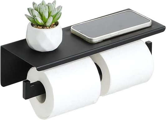 Alise Double Toilet Paper Holder,Bathroom Tissue Holder with Shelf,SUS304 Stainless Steel Toilet Paper Roll Holder Storage Dispenser,Self Adhesive or Wall Mount Drilling Paper Rack,Matte Black
