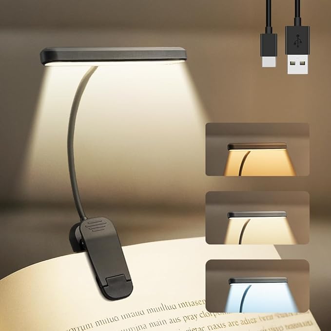 Rechargeable Book Lights for Reading at Night 25 LED - Eye Caring 15 Level Stepless Dimming, Extended 60Hrs Runtime, Lightweight Clip on Light, Gifts for Book Lovers, Black
