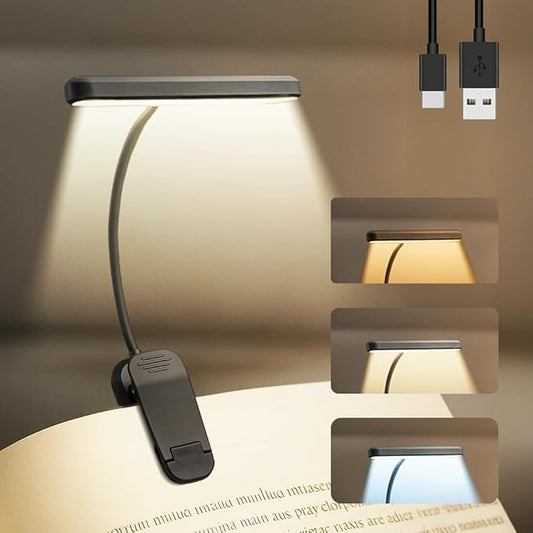 Rechargeable Book Lights for Reading at Night 25 LED - Eye Caring 15 Level Stepless Dimming, Extended 60Hrs Runtime, Lightweight Clip on Light, Gifts for Book Lovers, Black