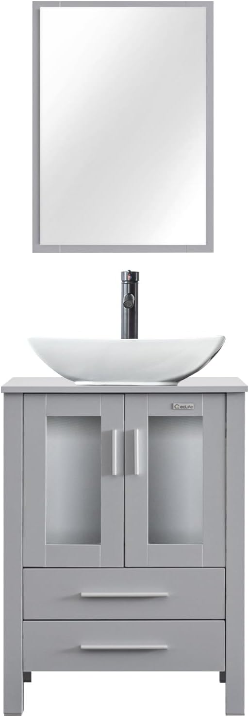 eclife 24" Modern Bathroom Vanity Sink Combo Freestanding Cabinet with Soft Closing Door, White Curved Ceramic Vessel Sink, Water Save Faucet, Drain (Gray+T32)